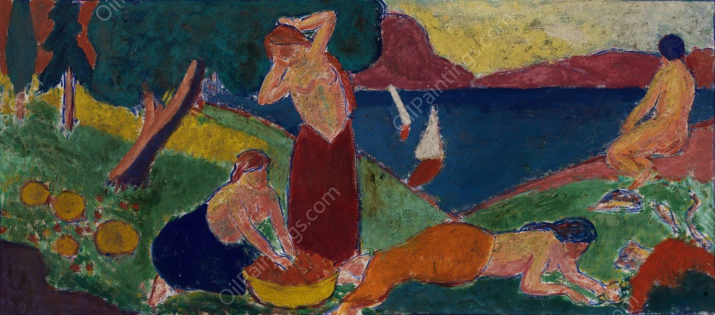 Women in Landscape with Blue Border  by Carl Newman - Hand-Painted Oil Painting Reproduction