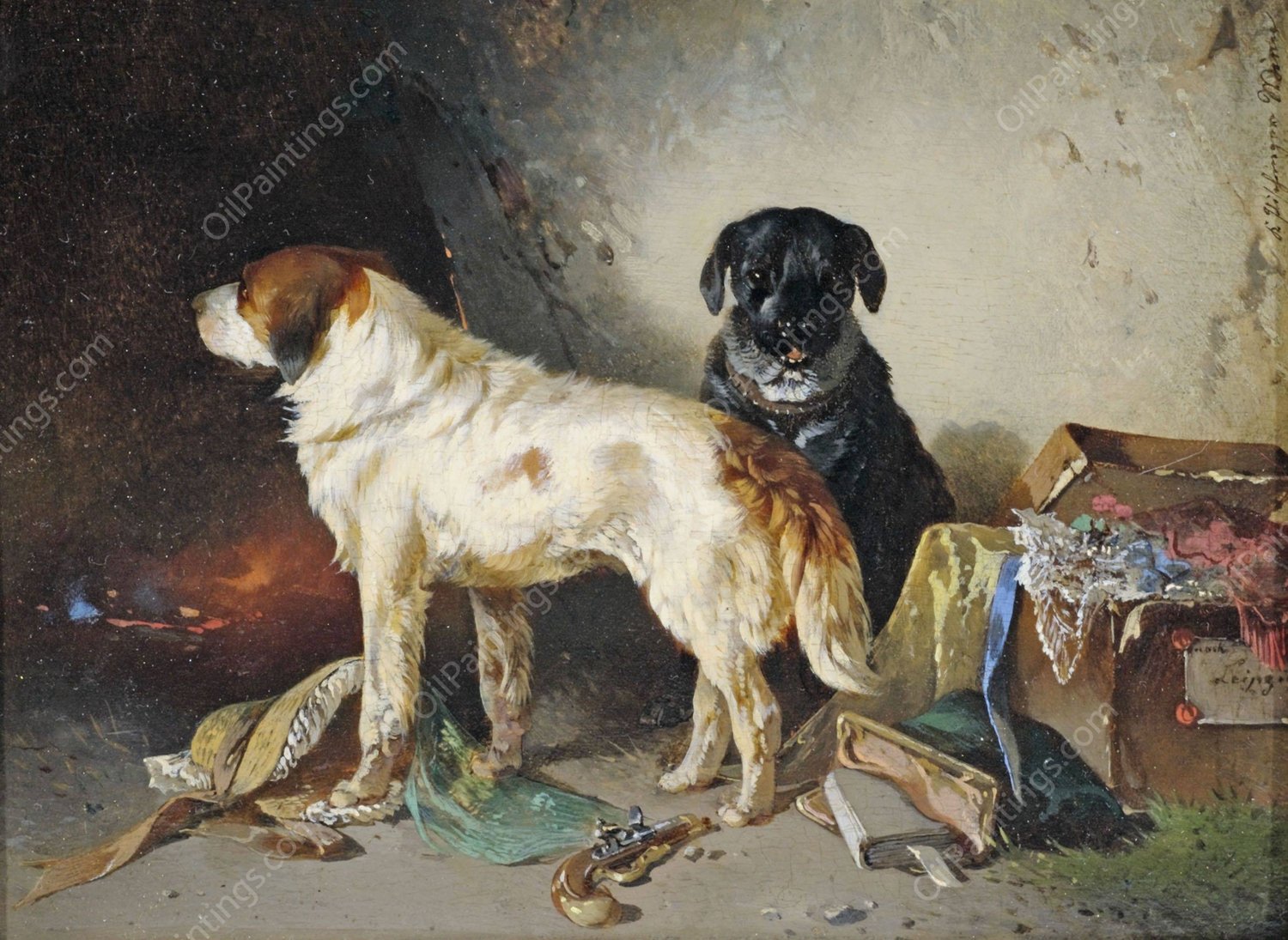 Zwei Hunde mit einer Kleiderkiste. by Carl Pischinger - Hand-Painted Oil Painting Reproduction
