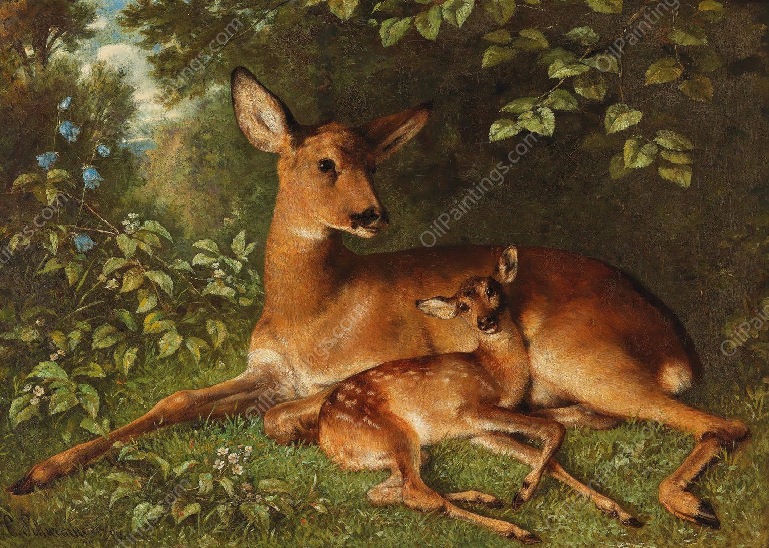 A Doe with Fawn by Carl Schweninger - Hand-Painted Oil Painting Reproduction