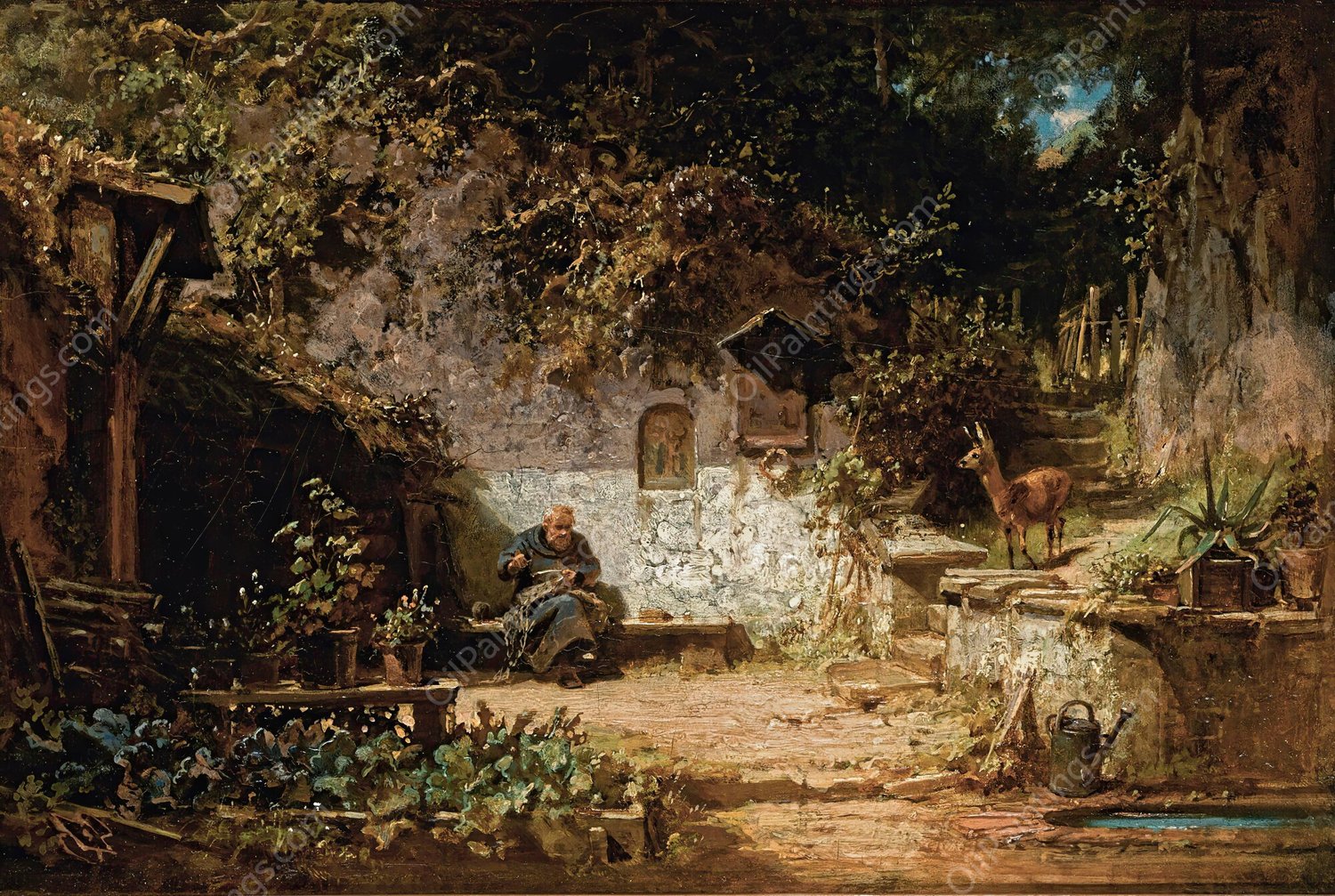 Hermit mending his nets by Carl Spitzweg - Hand-Painted Oil Painting Reproduction