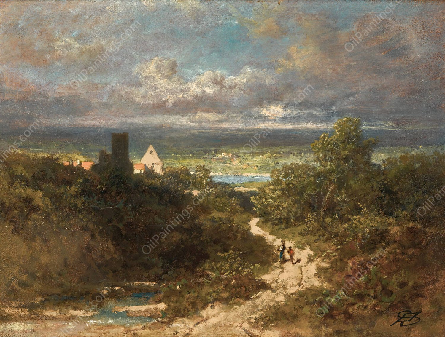 Landscape with River by Carl Spitzweg - Hand-Painted Oil Painting Reproduction