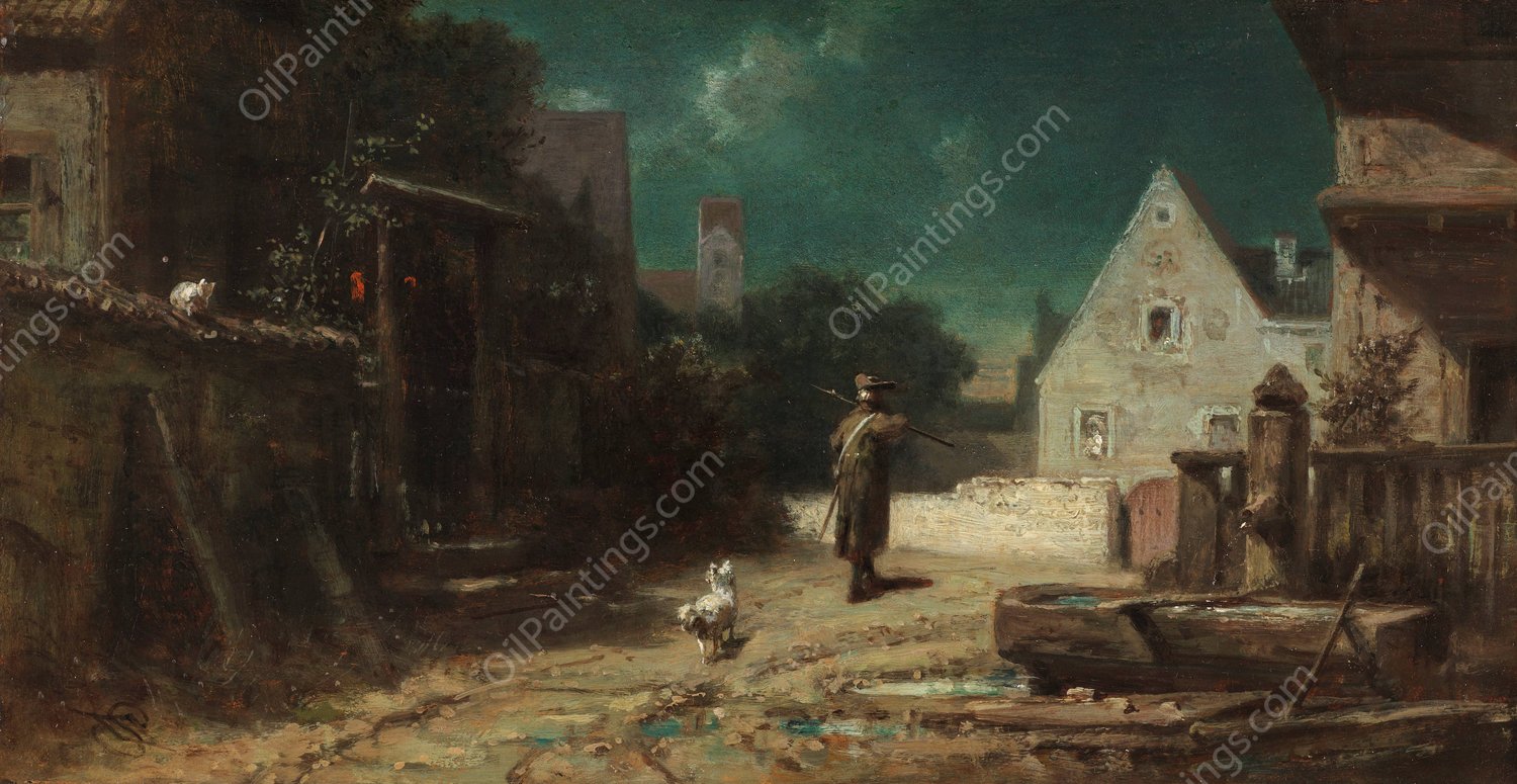 Nachtwachter bei Mondschein, Hund und Katze  by Carl Spitzweg - Hand-Painted Oil Painting Reproduction