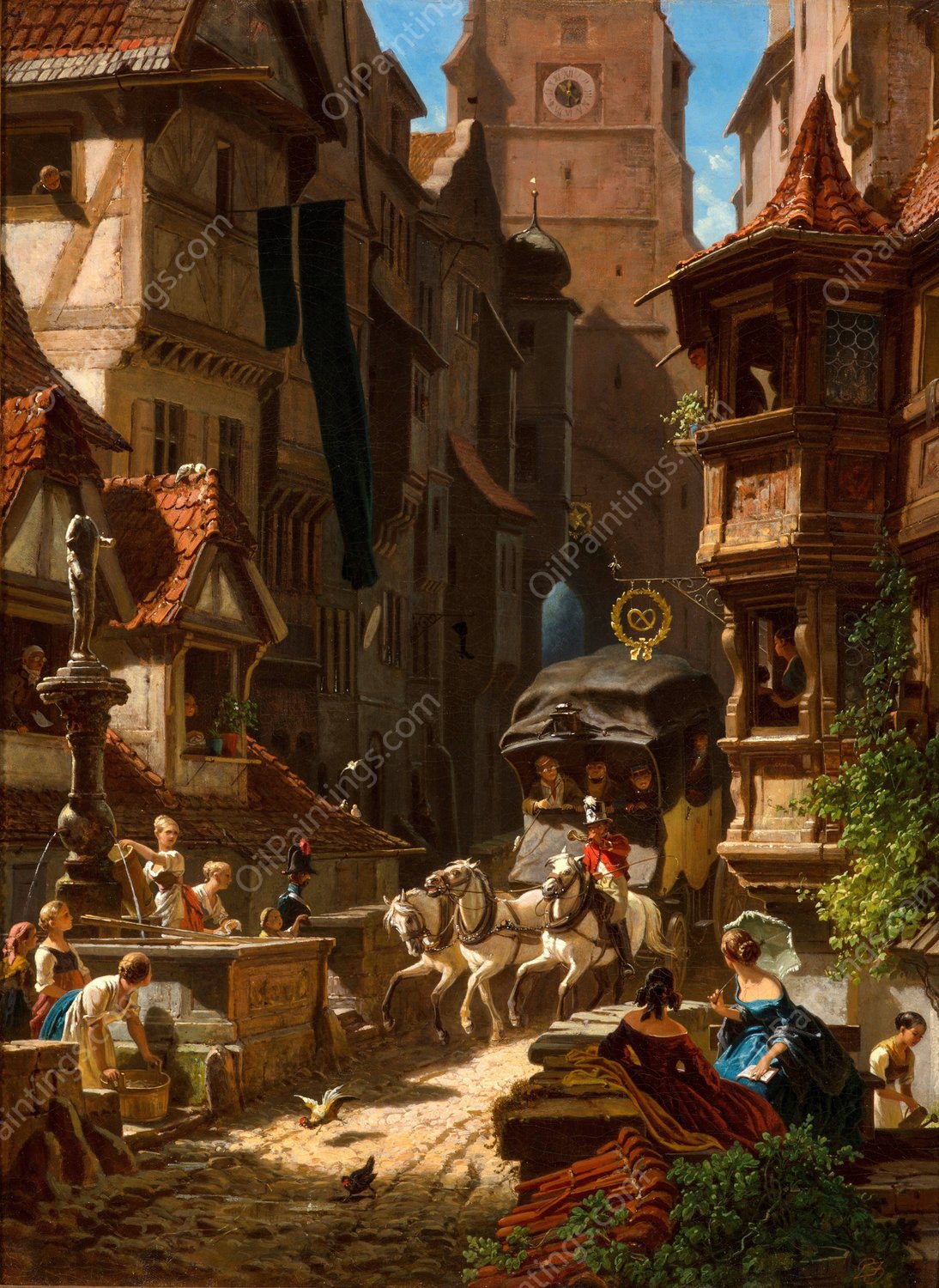 The arrival of the stagecoach  by Carl Spitzweg - Hand-Painted Oil Painting Reproduction