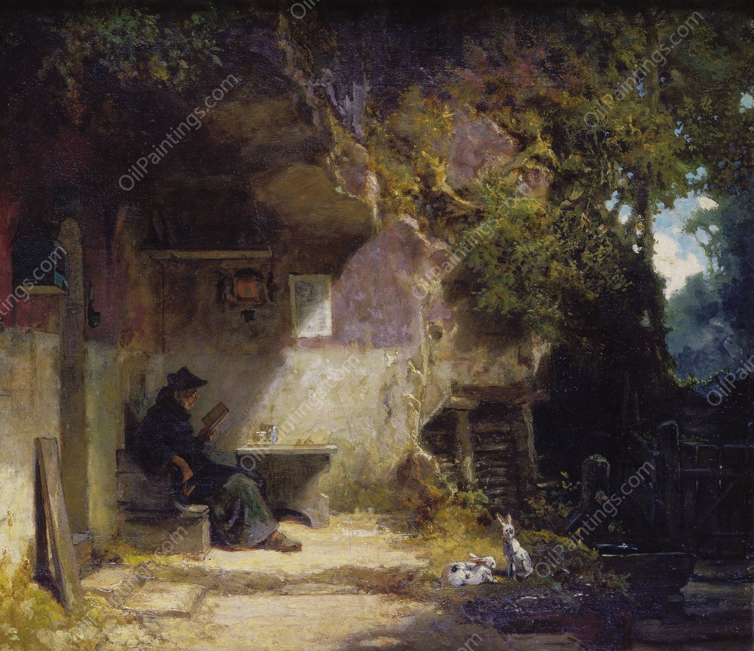 The Hermit in front of His Retreat  by Carl Spitzweg - Hand-Painted Oil Painting Reproduction