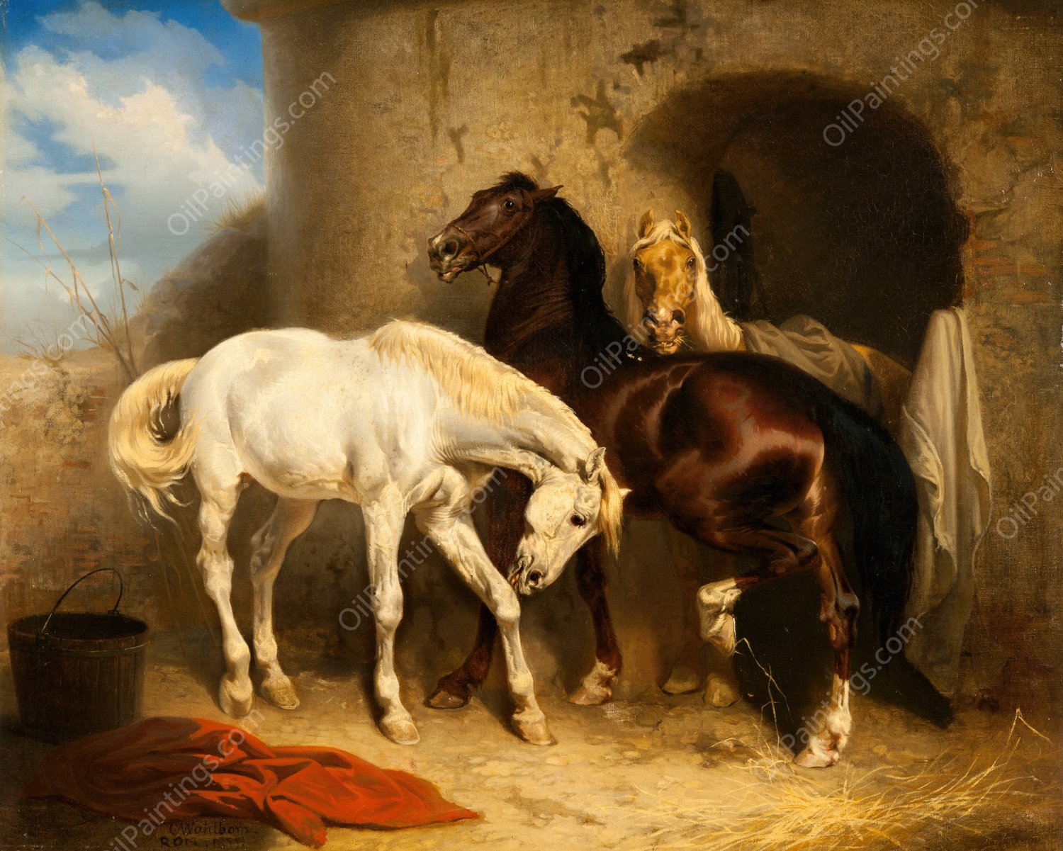 Horses at the Stable  by Carl Wahlbom - Hand-Painted Oil Painting Reproduction