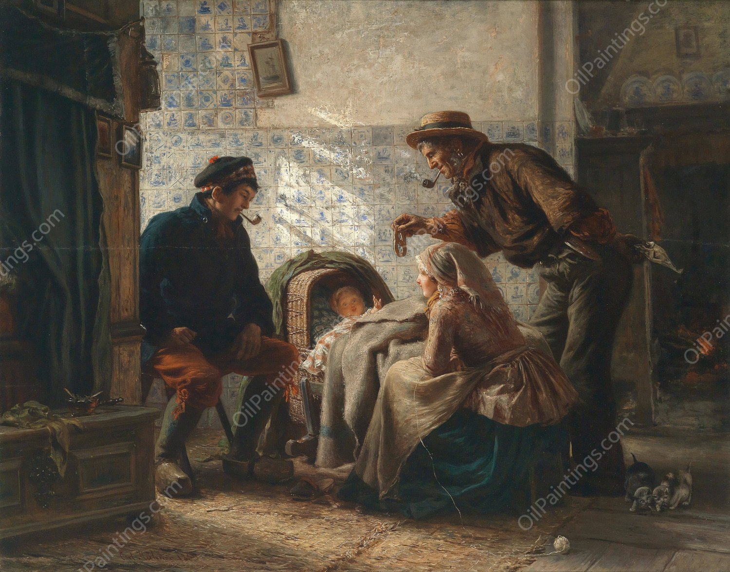 An der Wiege  by Carl Wilhelm Hubner - Hand-Painted Oil Painting Reproduction