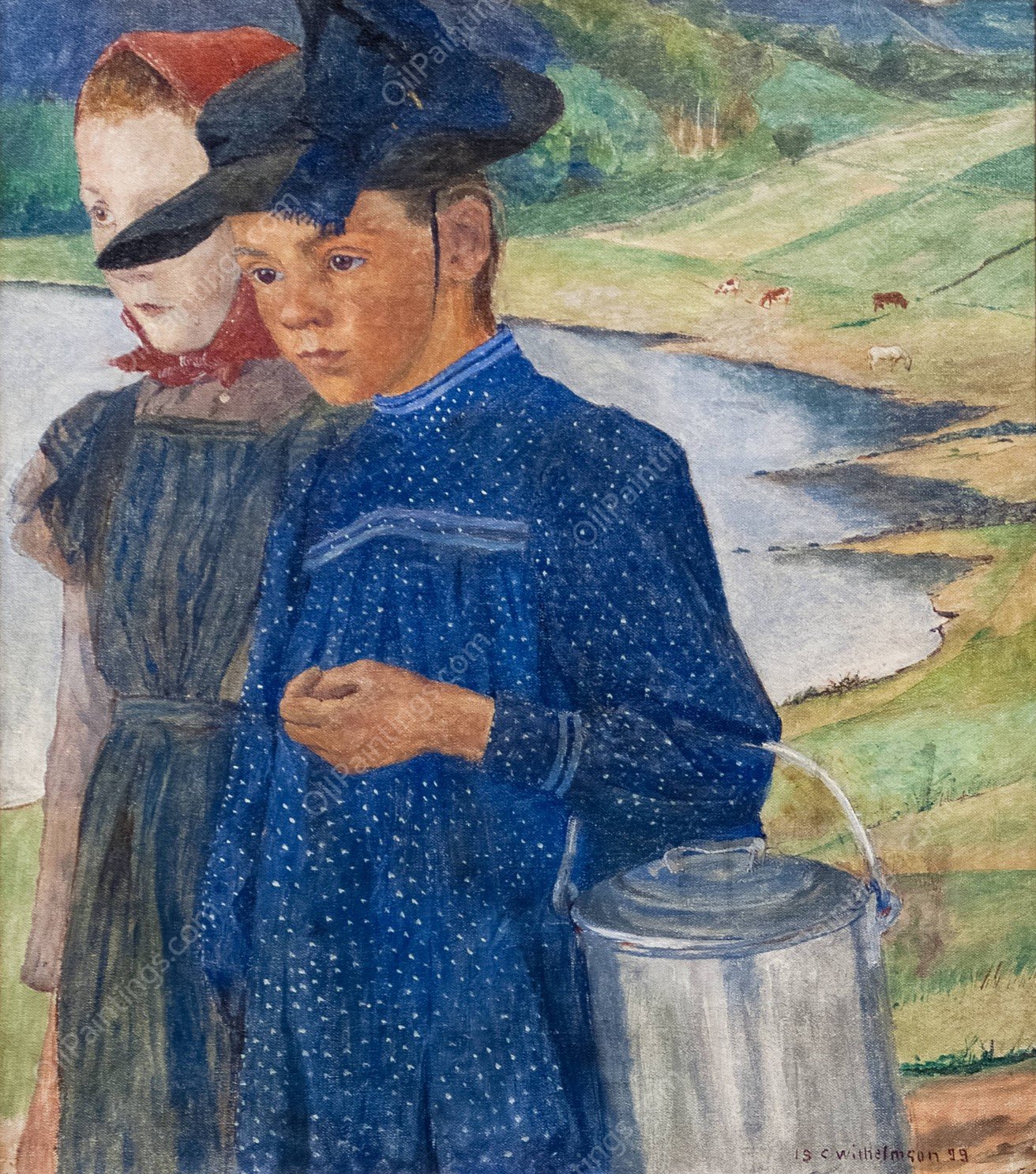 Two Girls on the Road  by Carl Wilhelmson - Hand-Painted Oil Painting Reproduction