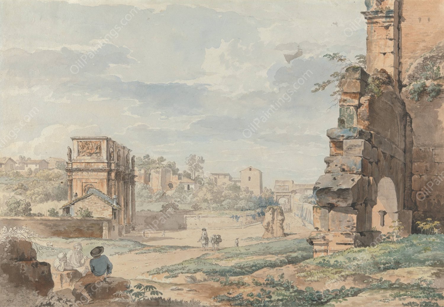 Part of the Colosseum with the Arch of Constantine and Arch of Titus in the Distance, Rome by Carlo Labruzzi - Hand-Painted Oil Painting Reproduction