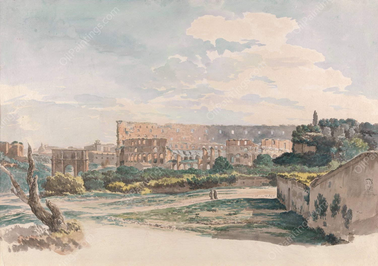 The Colosseum from the Caelian Mount, with the Arch of Constantine and a View of the Forum, Rome. by Carlo Labruzzi - Hand-Painted Oil Painting Reproduction