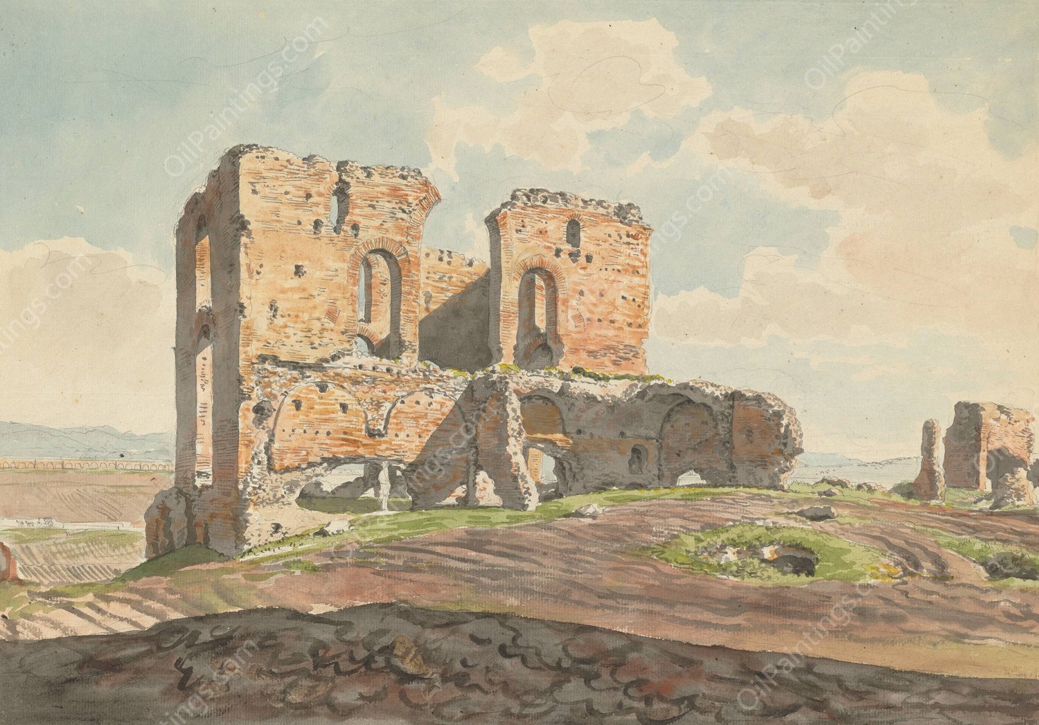 The Great Villa of the Quintilii on the Appian Way  by Carlo Labruzzi - Hand-Painted Oil Painting Reproduction