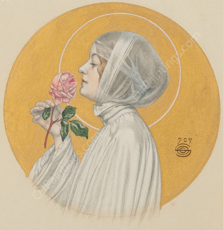 Jeune femme a la rose  by Carlos Schwabe - Hand-Painted Oil Painting Reproduction