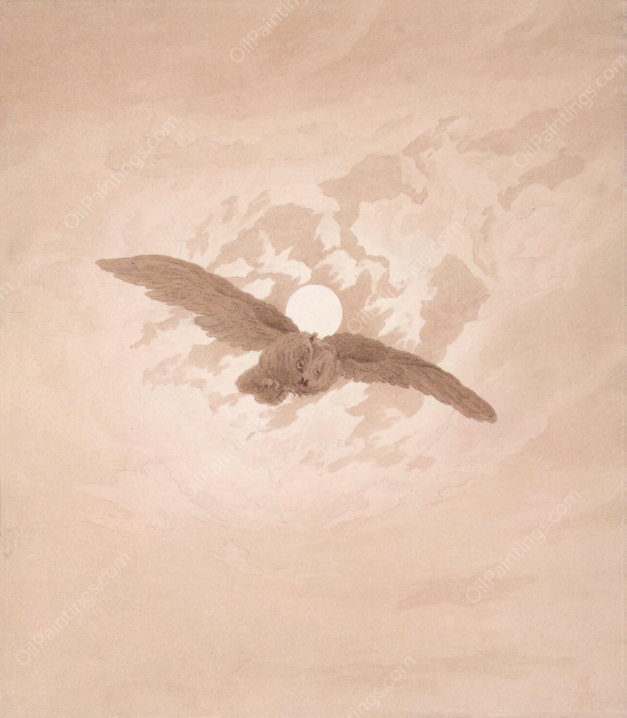Owl Flying Against a Moonlit Sky by Caspar David Friedrich - Hand-Painted Oil Painting Reproduction
