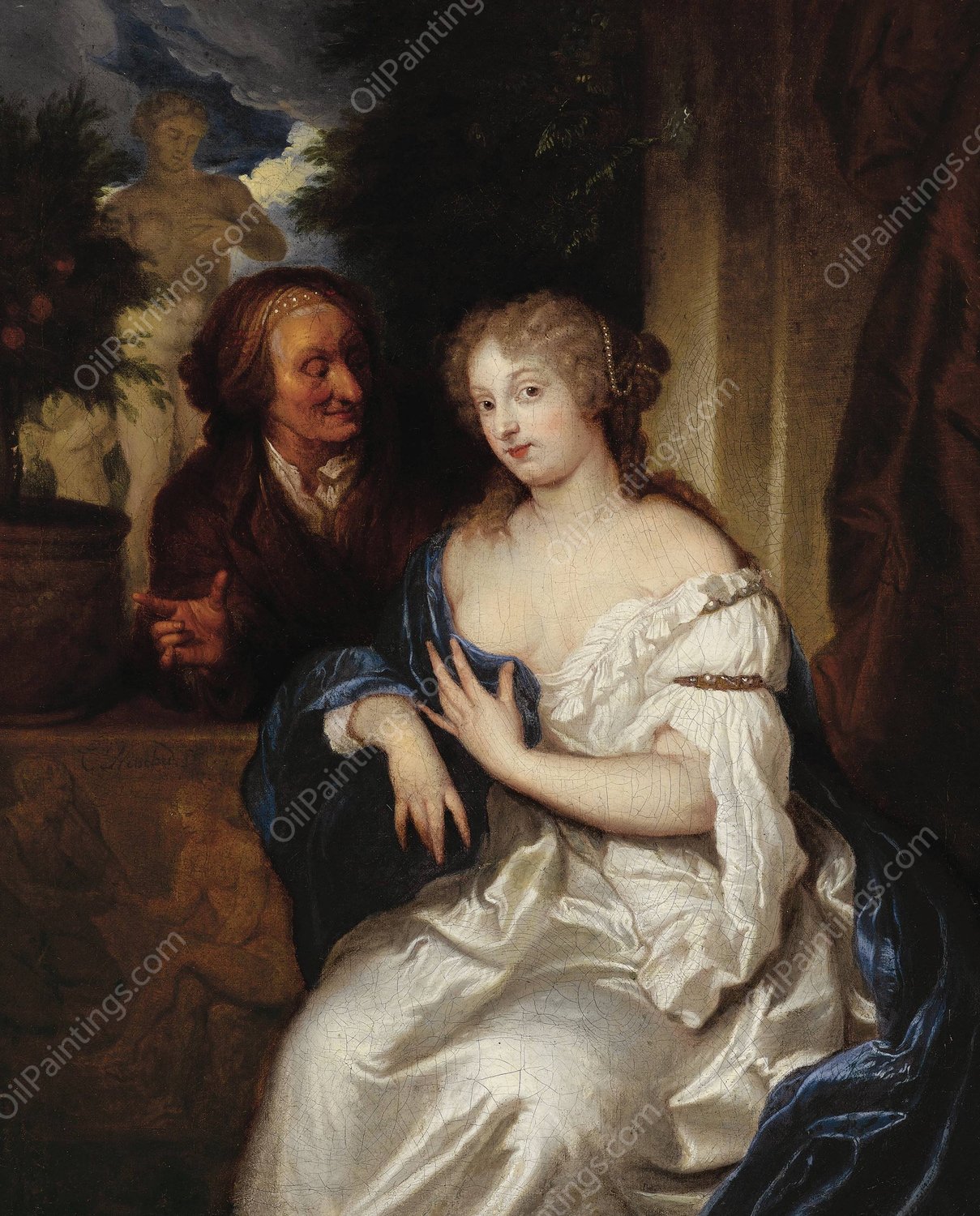 Pomona and Vertumnus by Caspar Netscher - Hand-Painted Oil Painting Reproduction