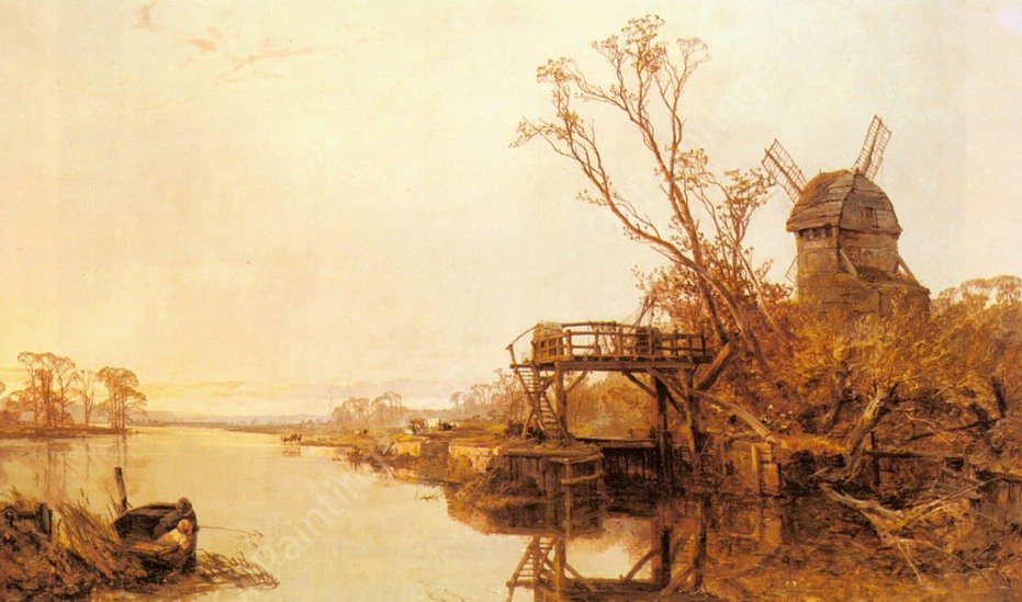 Fishing By A Windmill by Charles Branwhite - Hand-Painted Oil Painting Reproduction