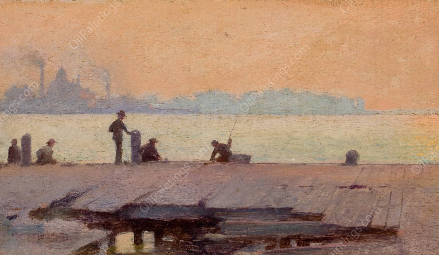 Fishermen on the Dock  by Charles Courtney Curran - Hand-Painted Oil Painting Reproduction