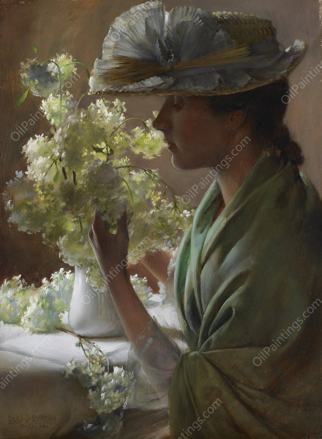 Lady with a Bouquet  by Charles Courtney Curran - Hand-Painted Oil Painting Reproduction