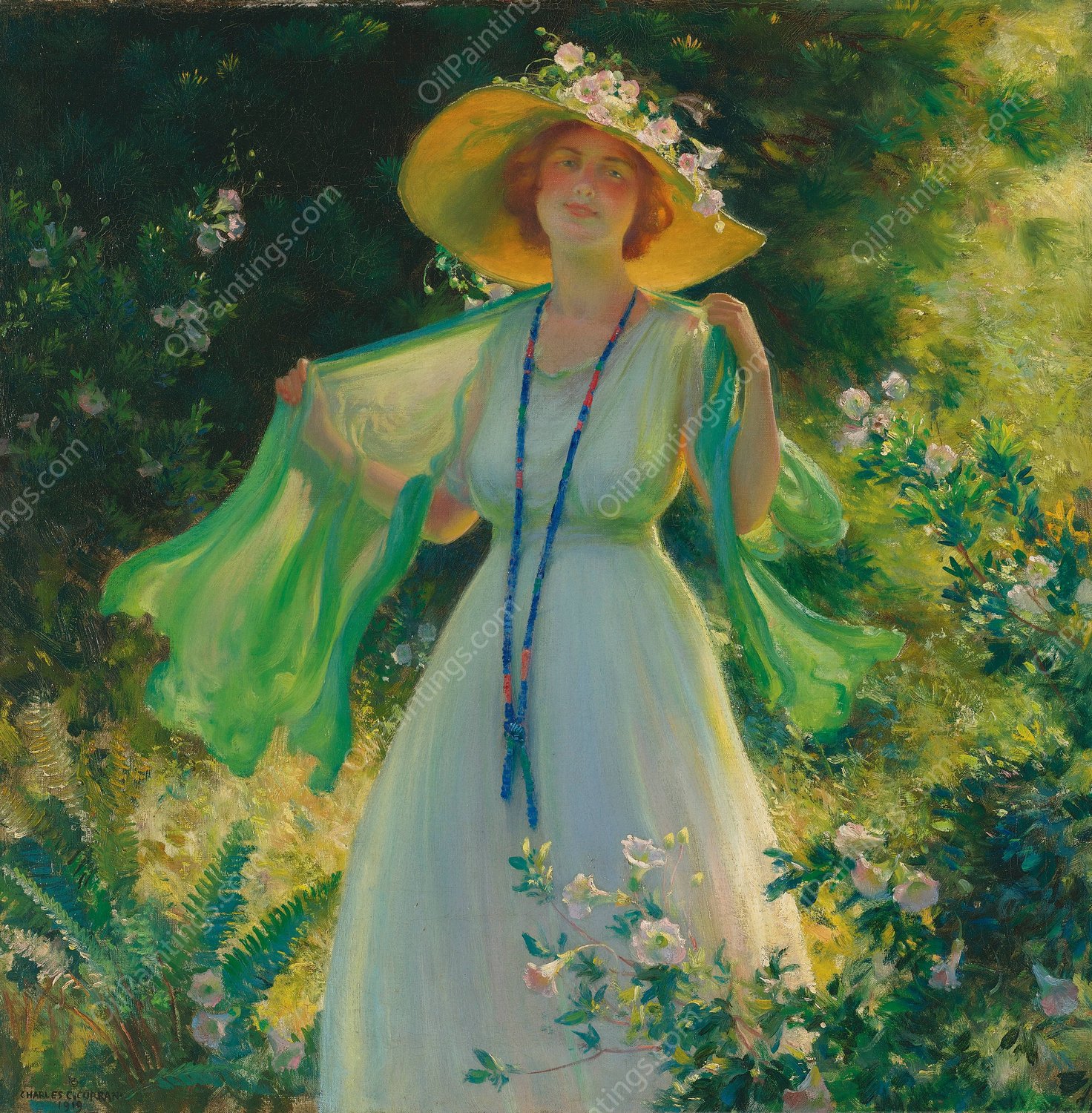 Path Of Flowers  by Charles Courtney Curran - Hand-Painted Oil Painting Reproduction