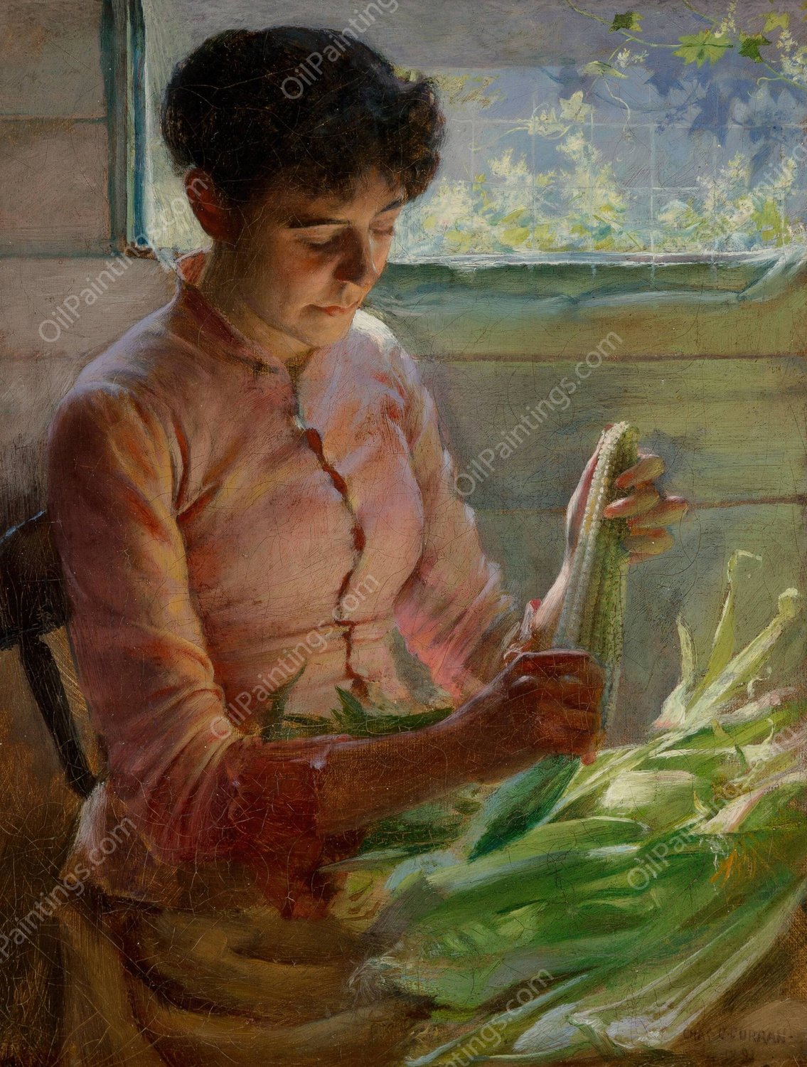 Shucking Corn  by Charles Courtney Curran - Hand-Painted Oil Painting Reproduction