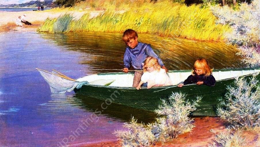 Children Fishing by Charles Curran - Hand-Painted Oil Painting Reproduction