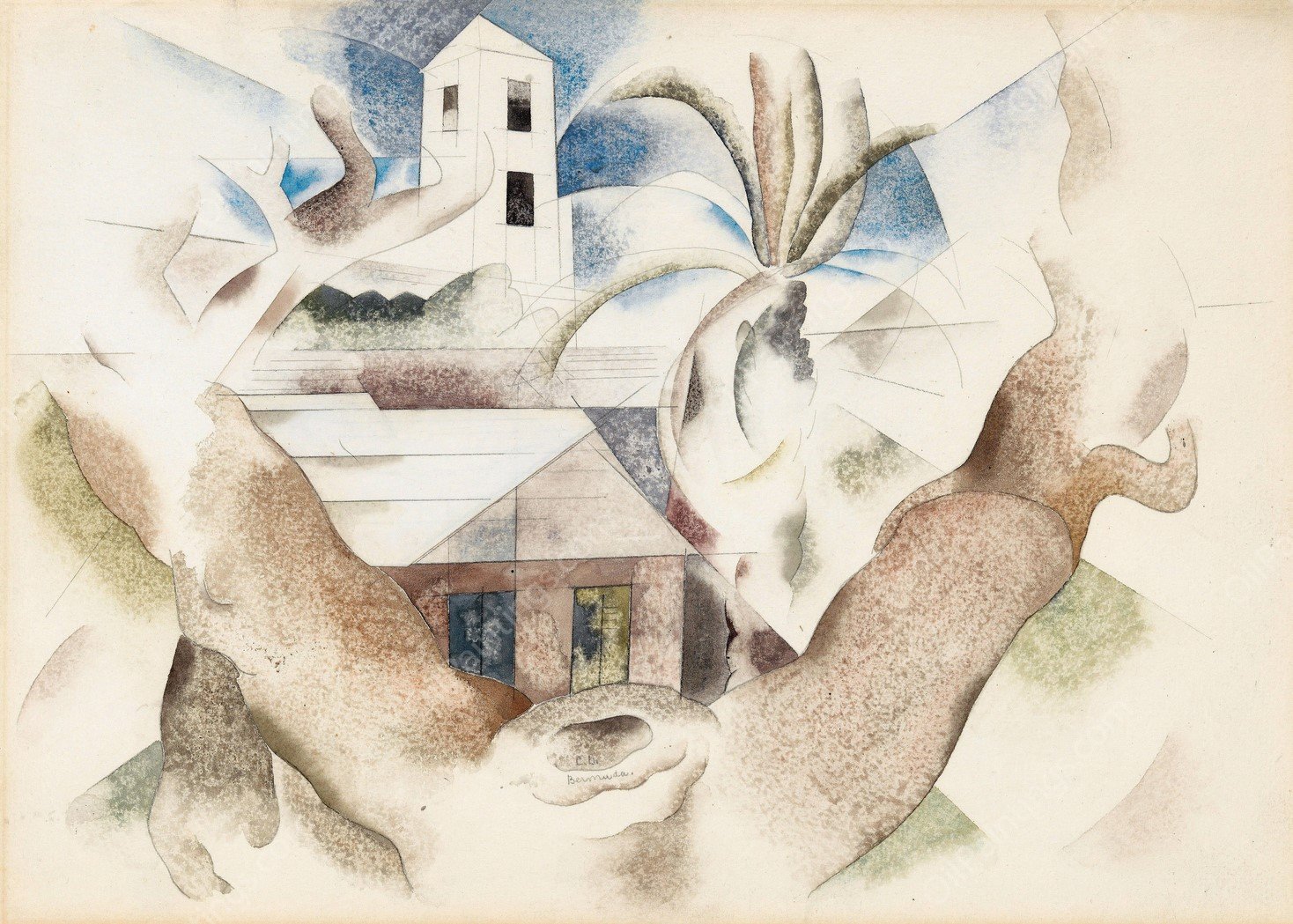 Bermuda No. 1, Tree and House  by Charles Demuth - Hand-Painted Oil Painting Reproduction