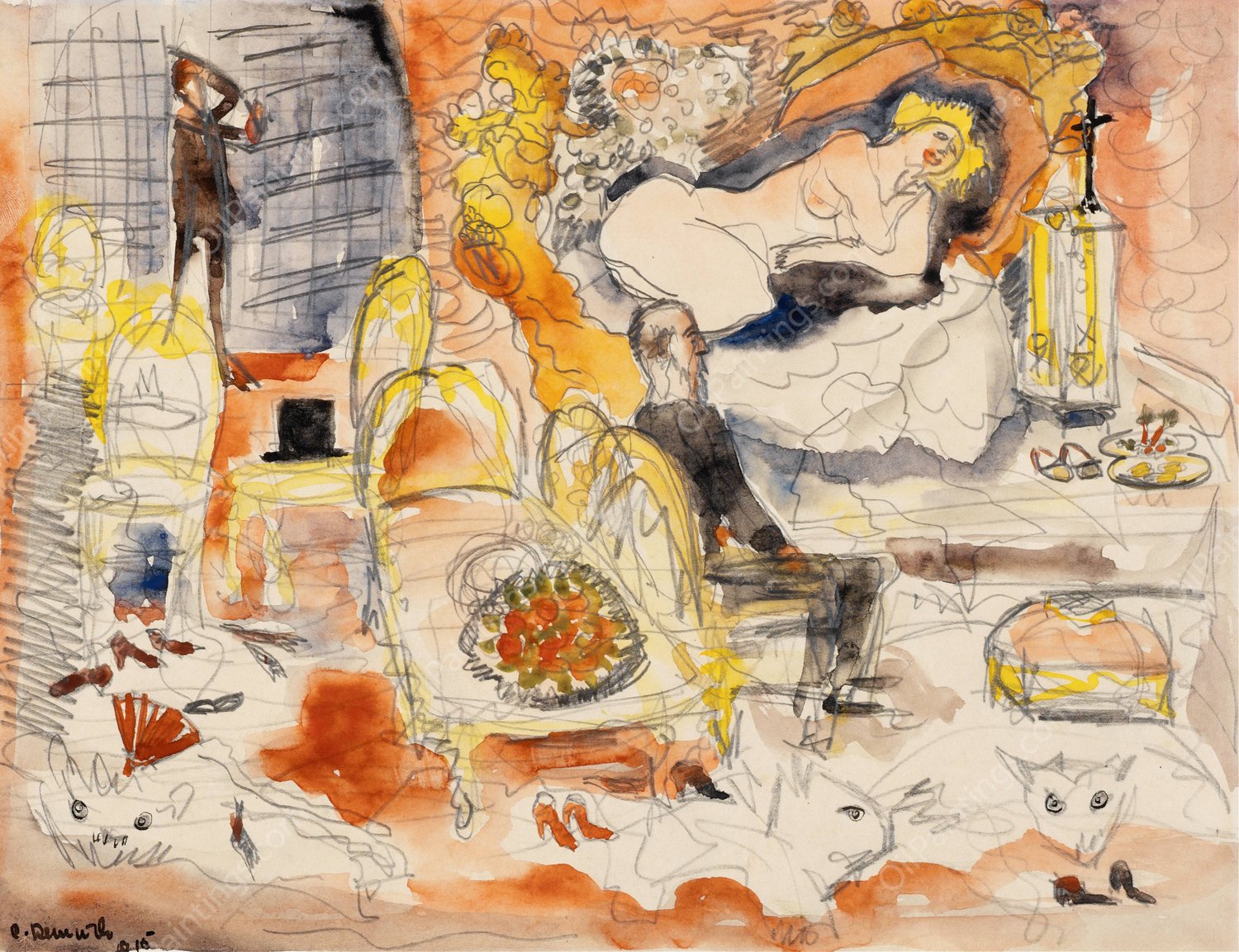 Count Muffat Discovers Nana with the Marquis de Chouard  by Charles Demuth - Hand-Painted Oil Painting Reproduction