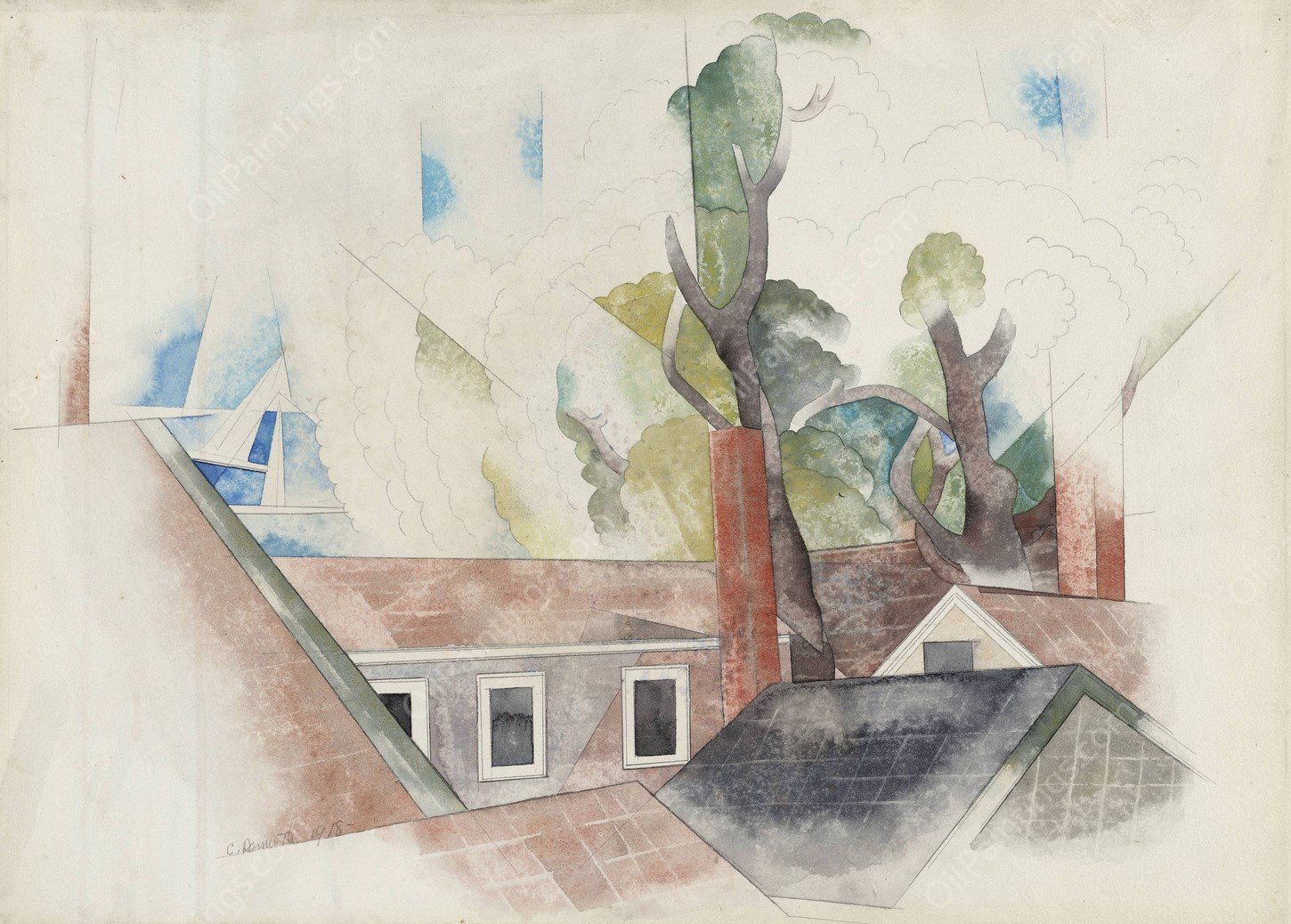 Rooftops and Trees  by Charles Demuth - Hand-Painted Oil Painting Reproduction