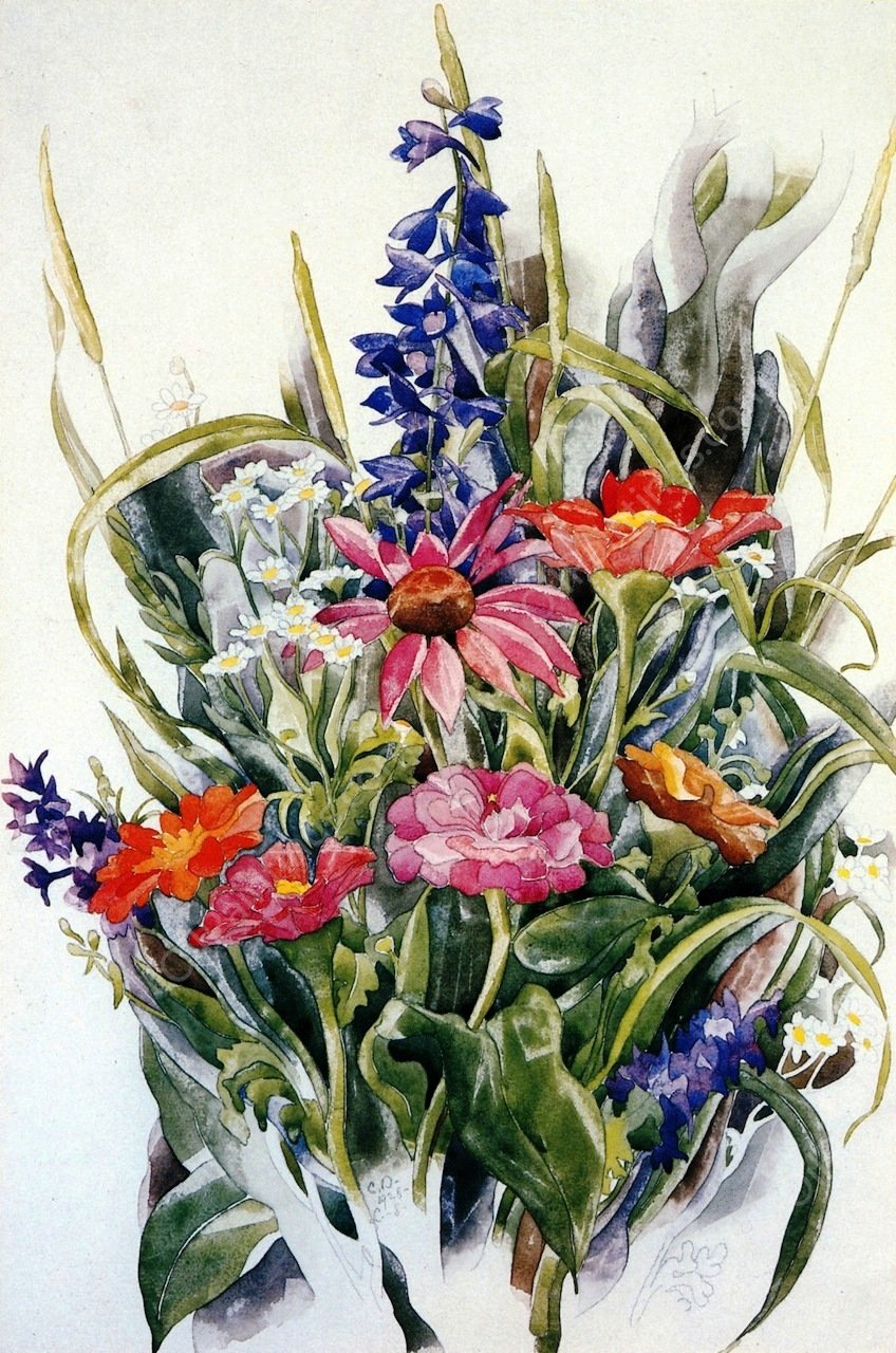 Zinnias, Larkspur and Daisies by Charles Demuth - Hand-Painted Oil Painting Reproduction