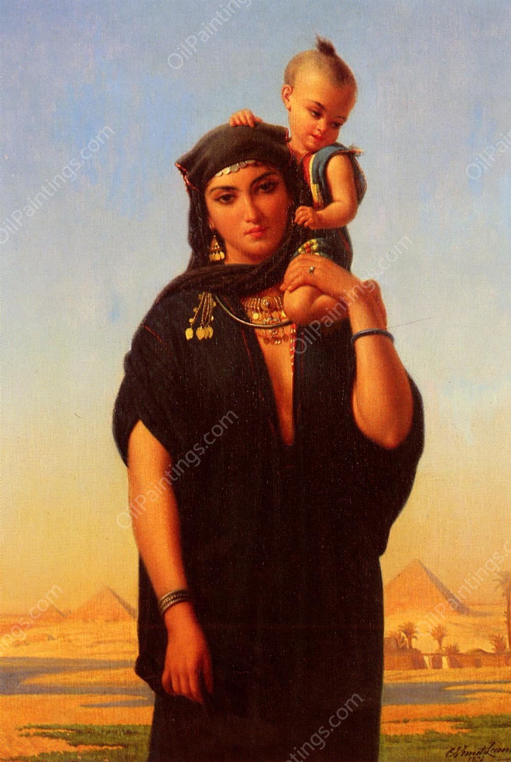 Femme Fellah Portant Son Enfant Egypte by Charles Emile Lecomte-Vernet - Hand-Painted Oil Painting Reproduction