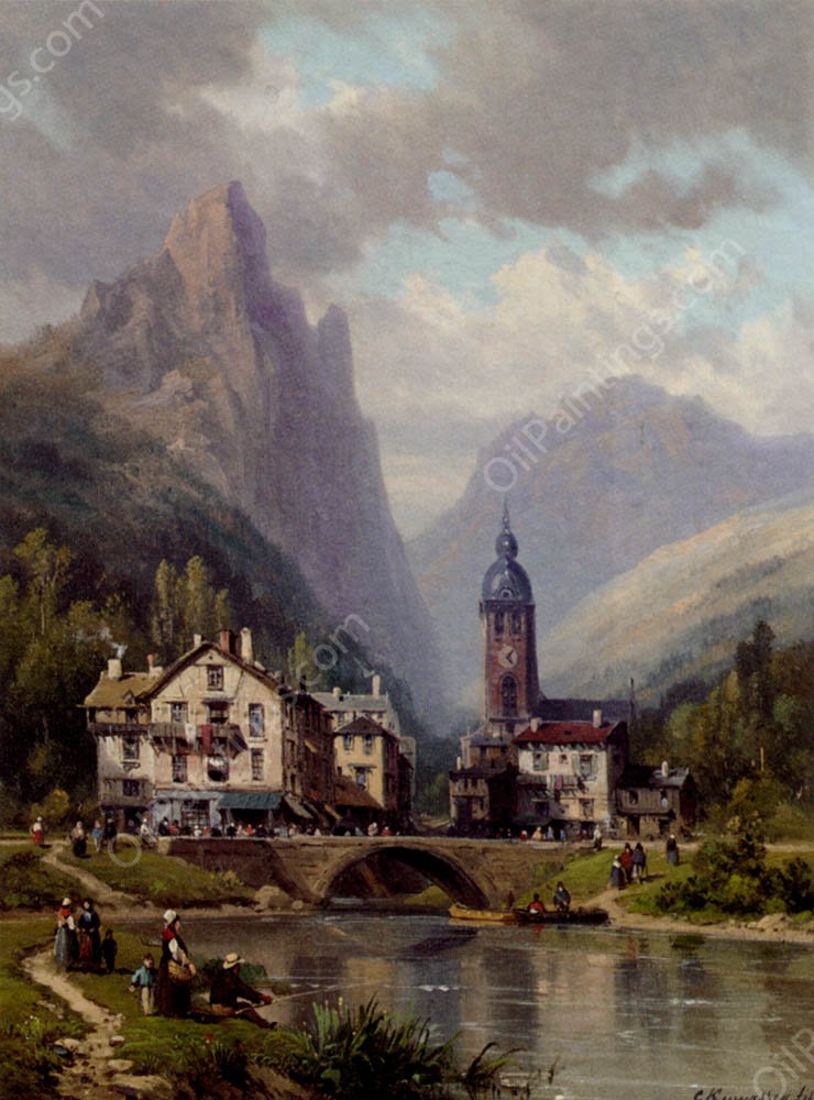 An Agler Before an Alpine Riverside Town by Charles Euphrasie Kuwasseg - Hand-Painted Oil Painting Reproduction