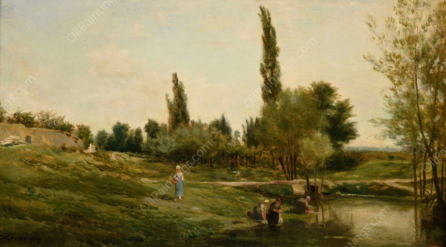 Paysage avec laveuses Peintre by Charles Francois Daubigny - Hand-Painted Oil Painting Reproduction