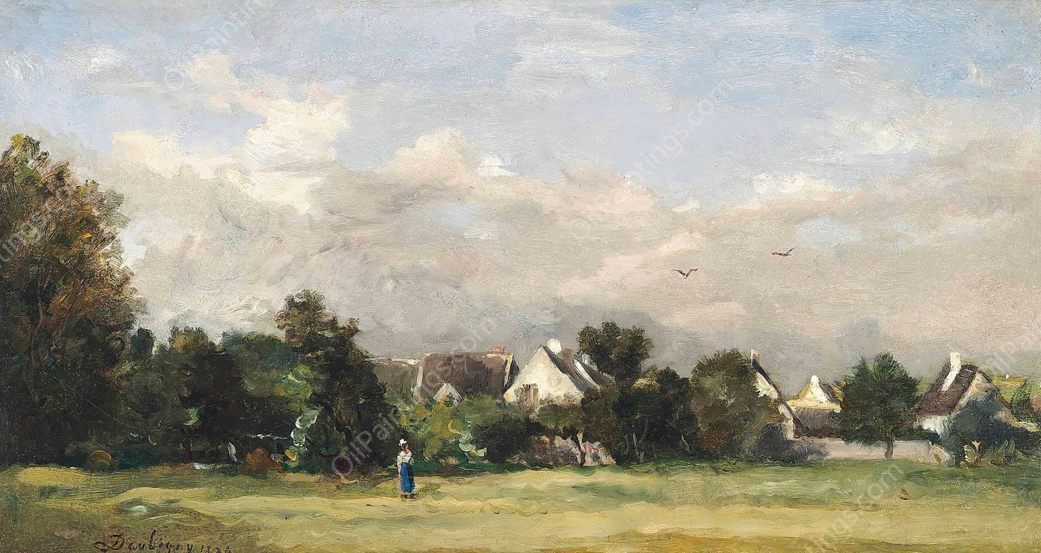 Paysanne Pres D'un Village  by Charles Francois Daubigny - Hand-Painted Oil Painting Reproduction