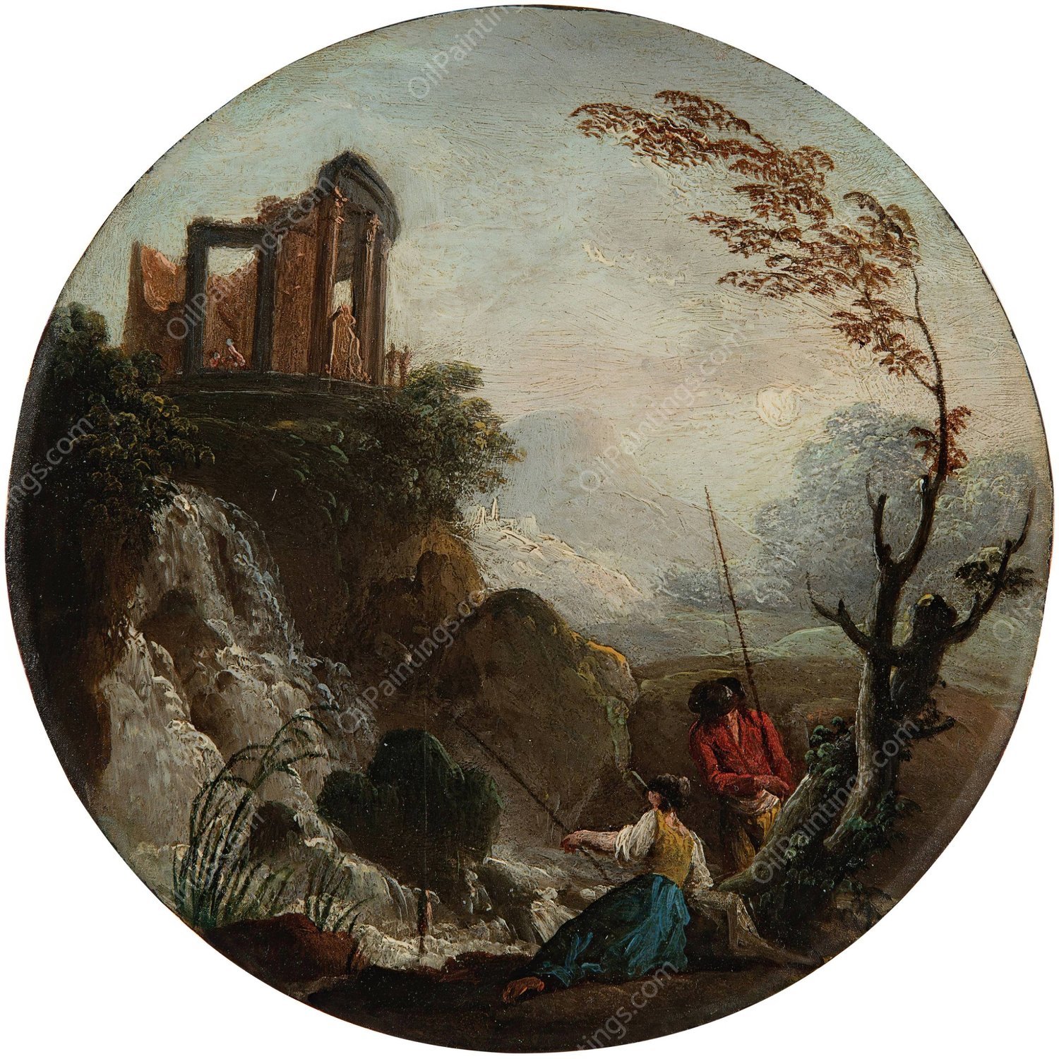 A couple fishing at the base of a waterfall, with ruins above by Charles-Francois Grenier De Lacroix - Hand-Painted Oil Painting Reproduction
