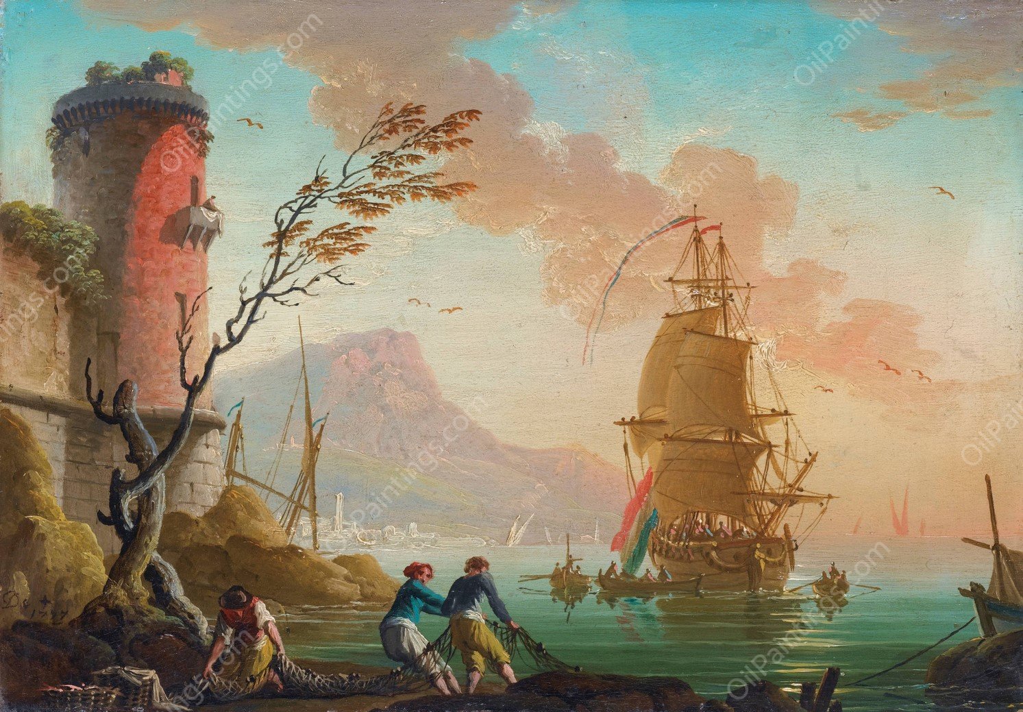 Fishing Scene In A Harbor  by Charles-Francois Grenier De Lacroix - Hand-Painted Oil Painting Reproduction