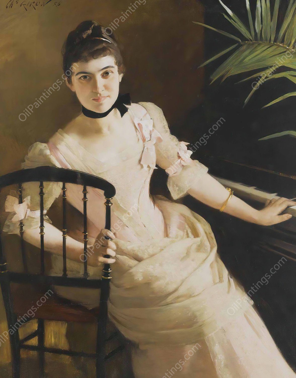 Lady Seated At A Piano  by Charles Giron - Hand-Painted Oil Painting Reproduction