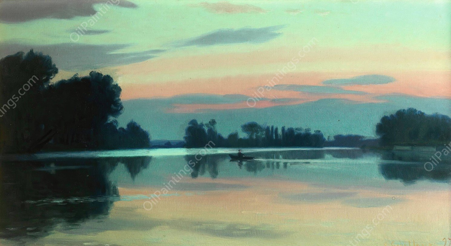 Fisherman On A River At Dawn  by Charles Guilloux - Hand-Painted Oil Painting Reproduction