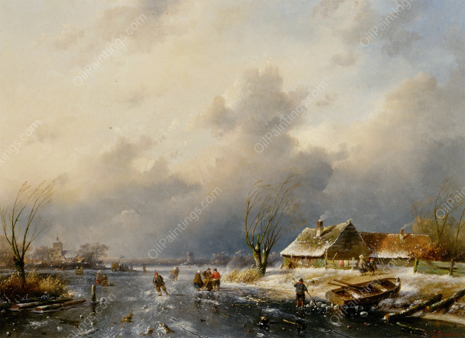 A Frozen Waterway with Skaters by a Cottage by Charles Henri Joseph Leickert - Hand-Painted Oil Painting Reproduction