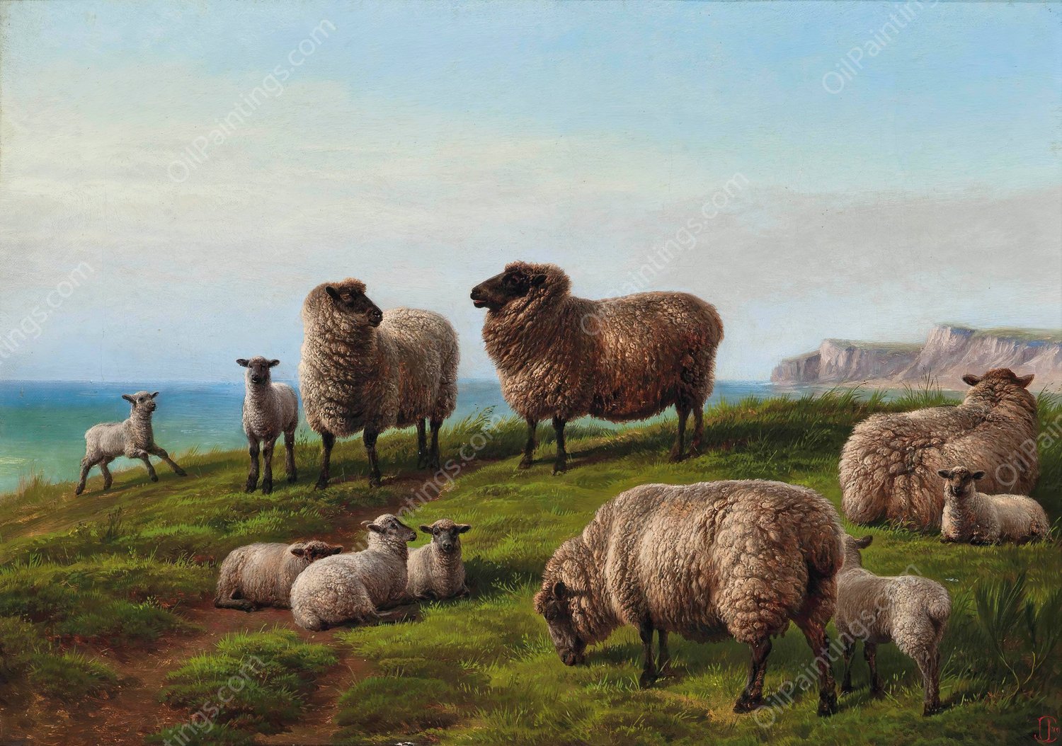 Sheep grazing on a headland by Charles Jones - Hand-Painted Oil Painting Reproduction