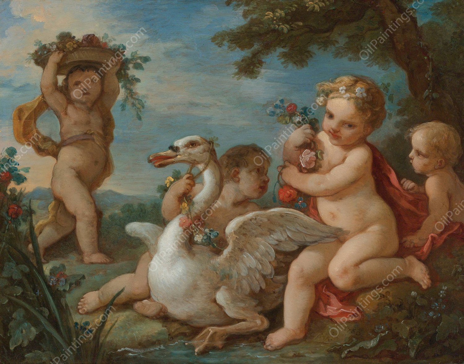 Putti Adorning A Swan With A Garland Of Flowers  by Charles-Joseph Natoire - Hand-Painted Oil Painting Reproduction