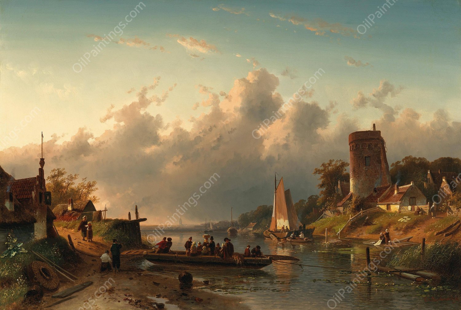 A ferry crossing a river in the evening  by Charles Leickert - Hand-Painted Oil Painting Reproduction