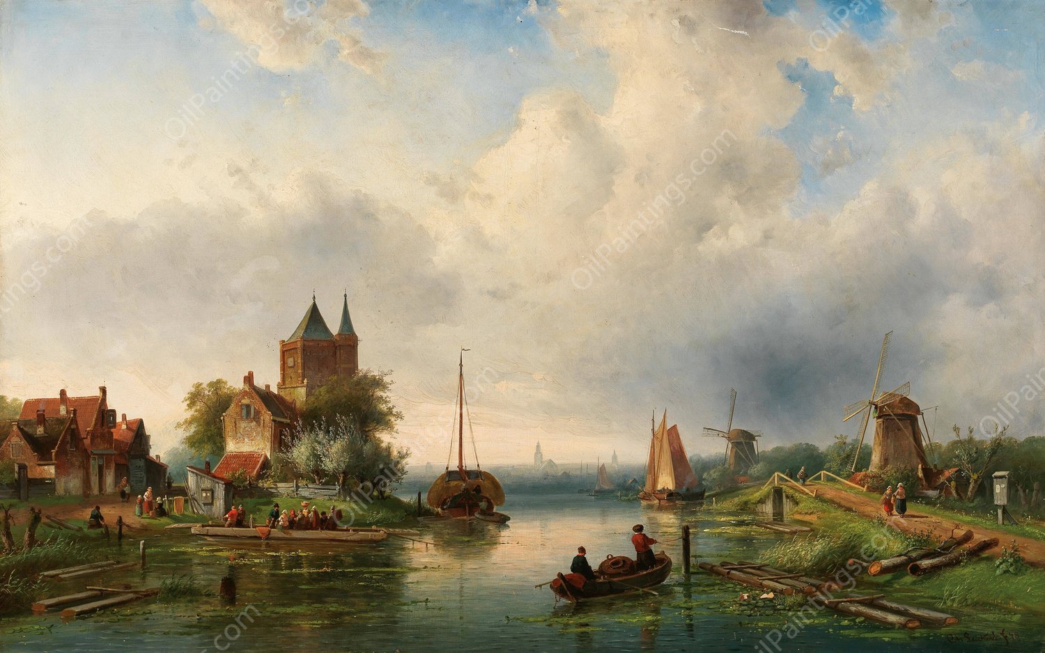 A Vast River Landscape with Windmills  by Charles Leickert - Hand-Painted Oil Painting Reproduction
