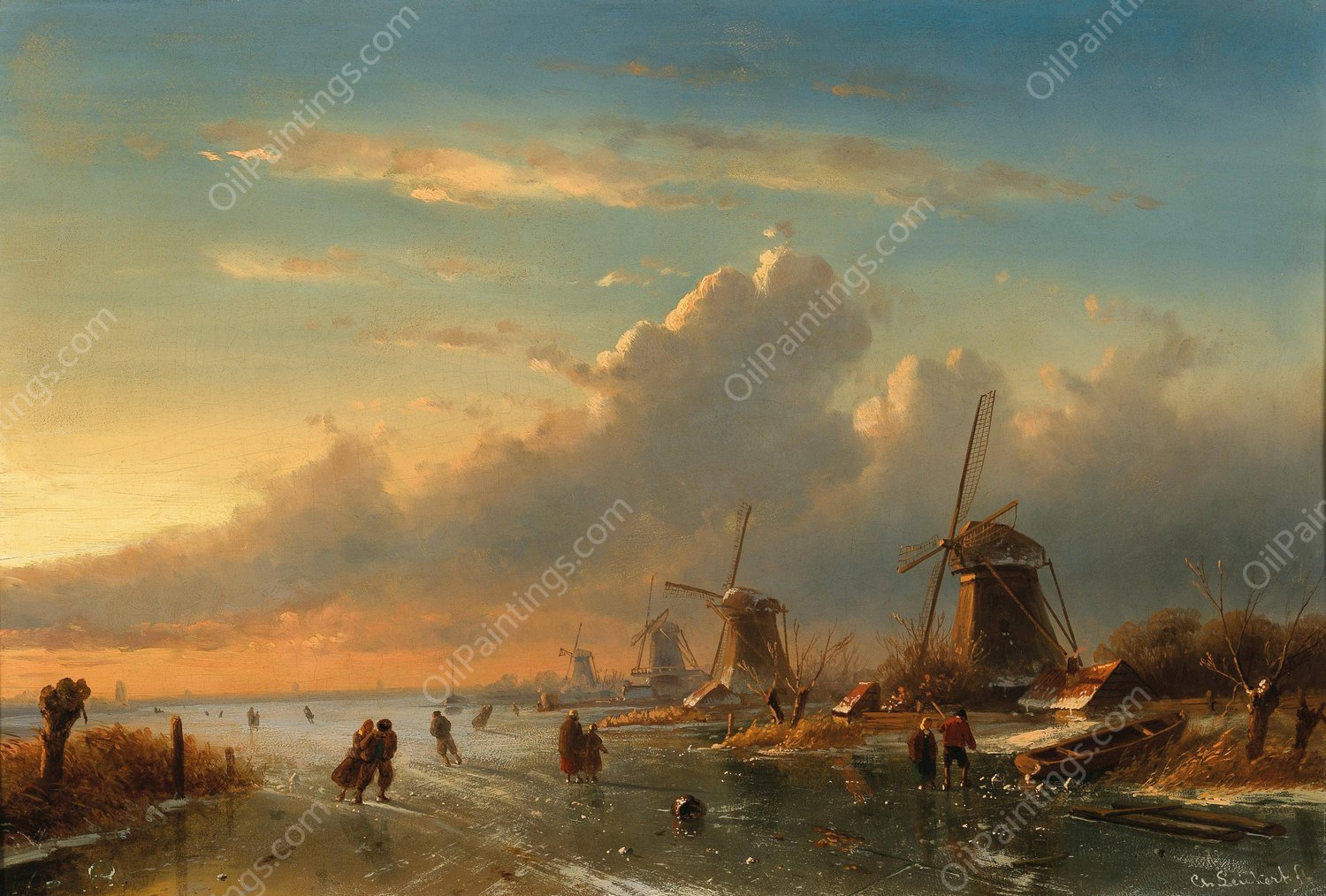 A winter landscape at sunset with figures on the ice by Charles Leickert - Hand-Painted Oil Painting Reproduction