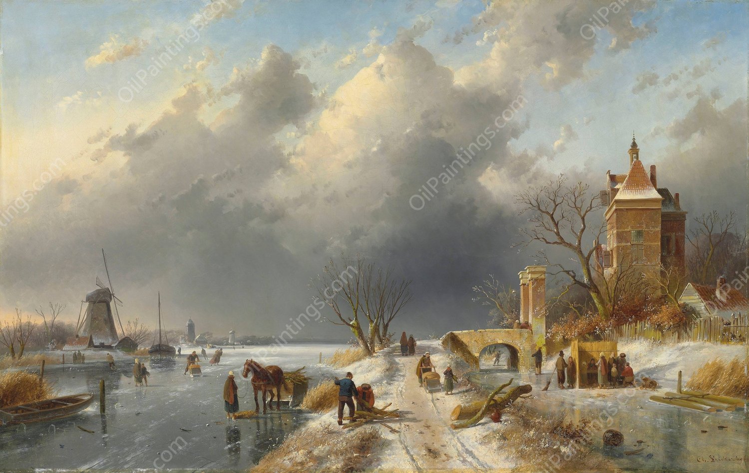 A winter landscape with figures on the ice  by Charles Leickert - Hand-Painted Oil Painting Reproduction