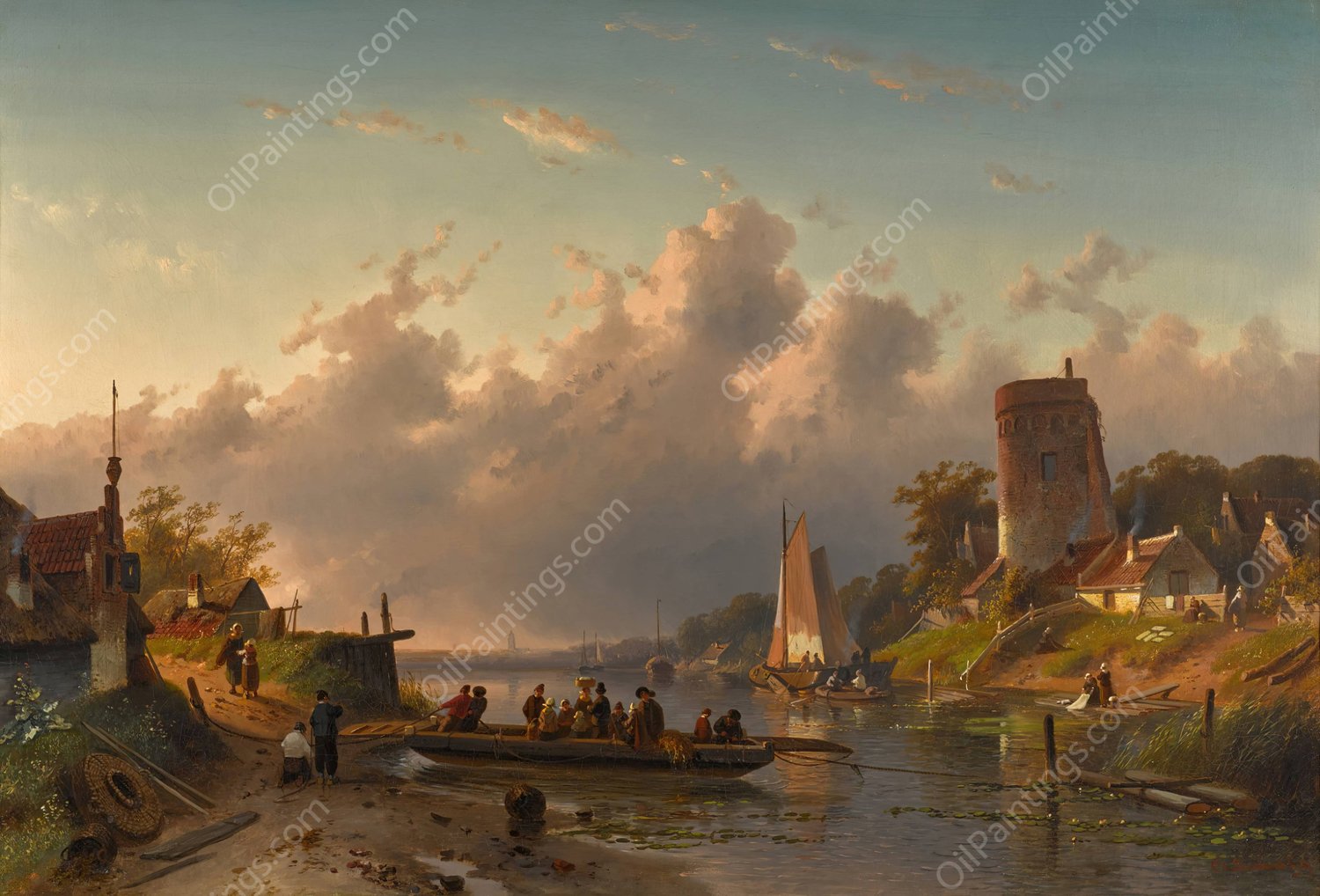 Evening at the Riverbank  by Charles Leickert - Hand-Painted Oil Painting Reproduction
