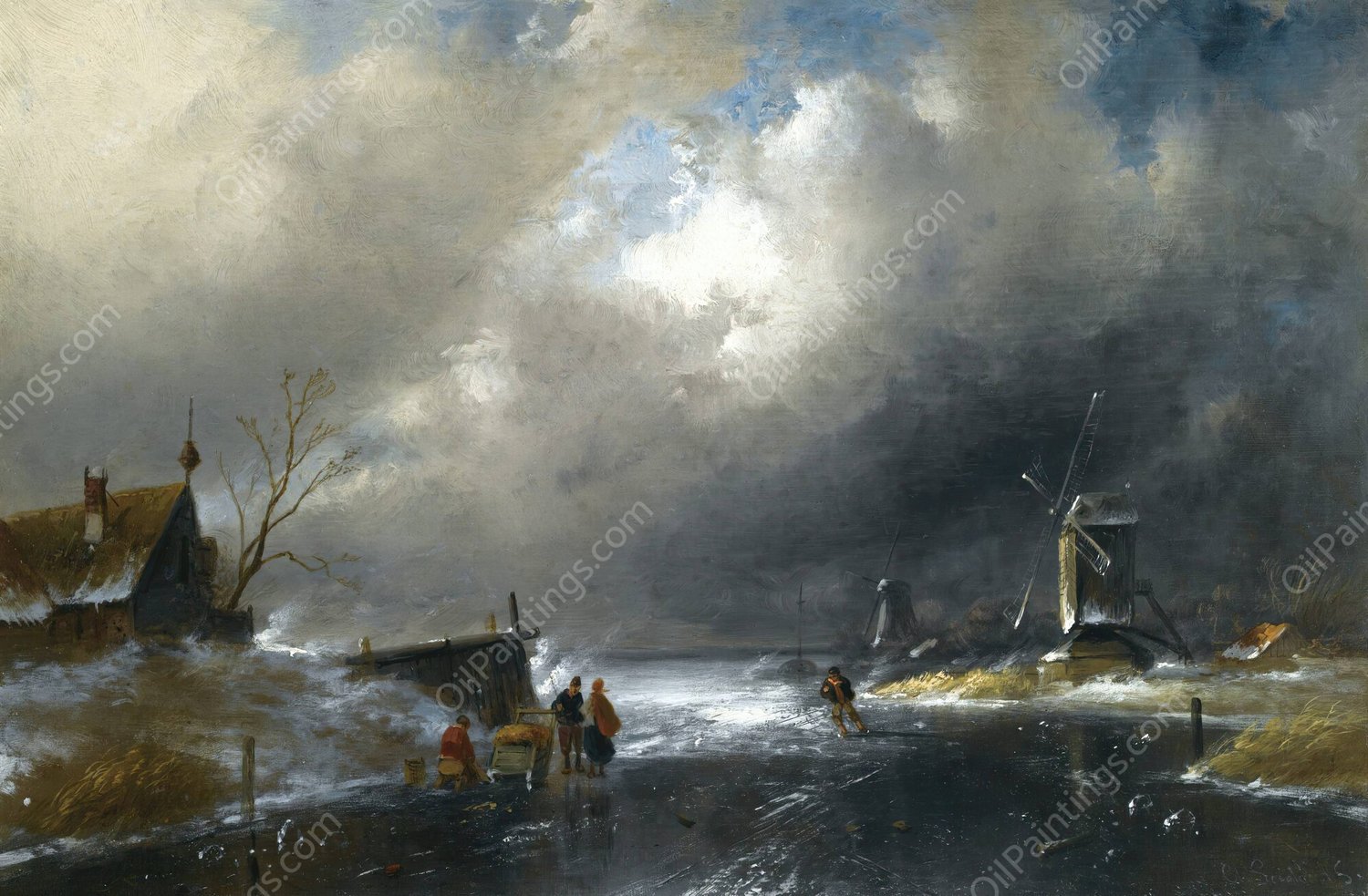 Figures On A Frozen River by Charles Leickert - Hand-Painted Oil Painting Reproduction