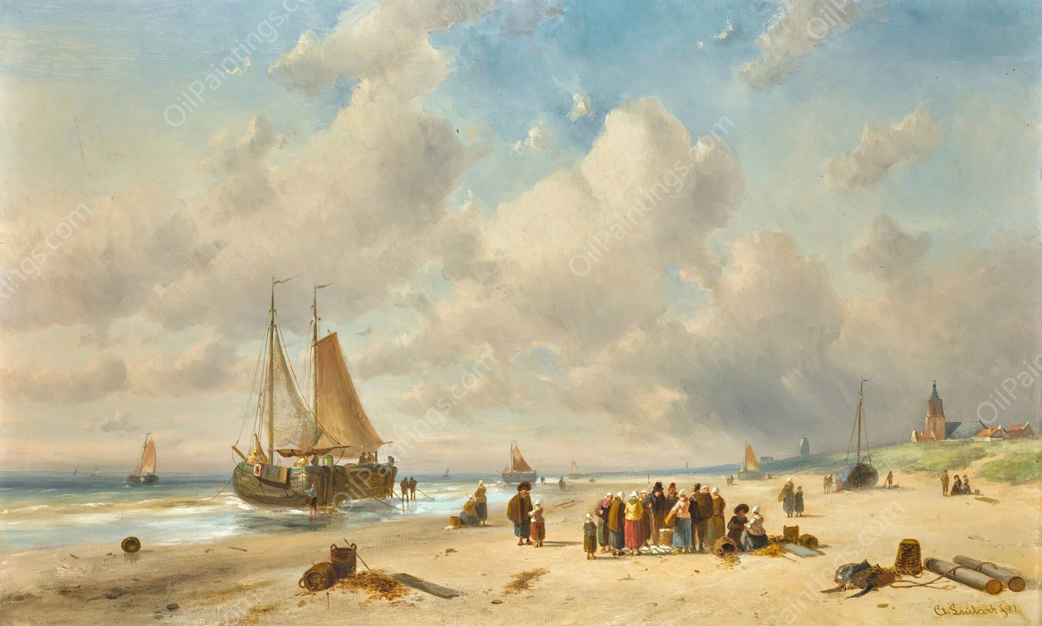 Fisherfolk On The Beach  by Charles Leickert - Hand-Painted Oil Painting Reproduction