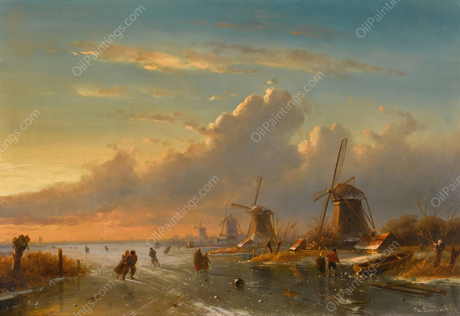 Ice Skaters at Sunset by Charles Leickert - Hand-Painted Oil Painting Reproduction