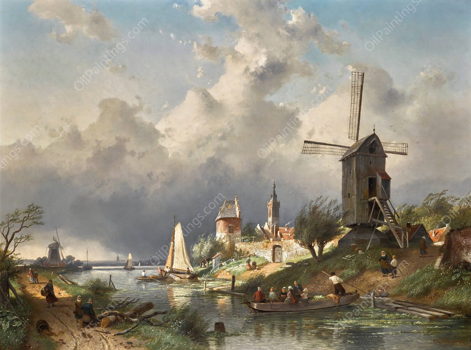 River Landscape With Windmill  by Charles Leickert - Hand-Painted Oil Painting Reproduction
