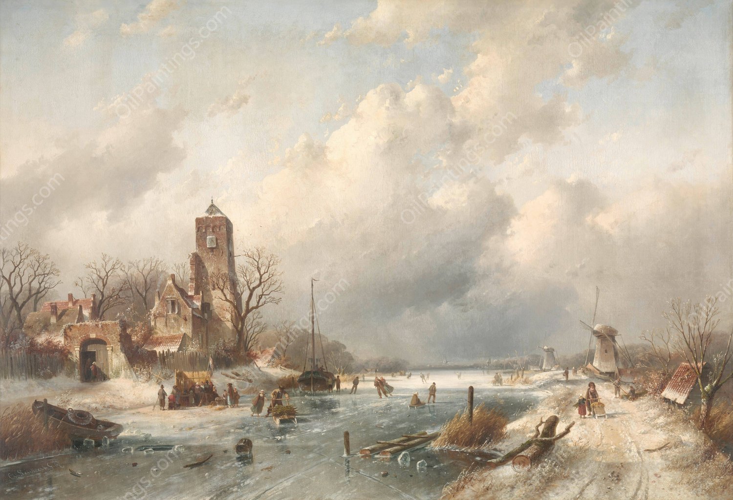 Winter Scene  by Charles Leickert - Hand-Painted Oil Painting Reproduction