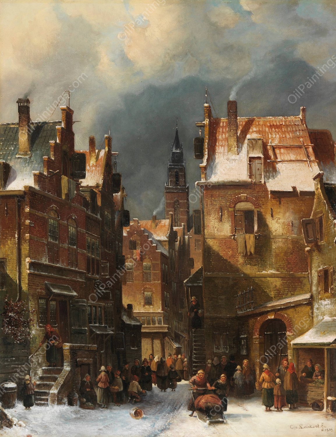 Winterliche Stadtansicht  by Charles Leickert - Hand-Painted Oil Painting Reproduction