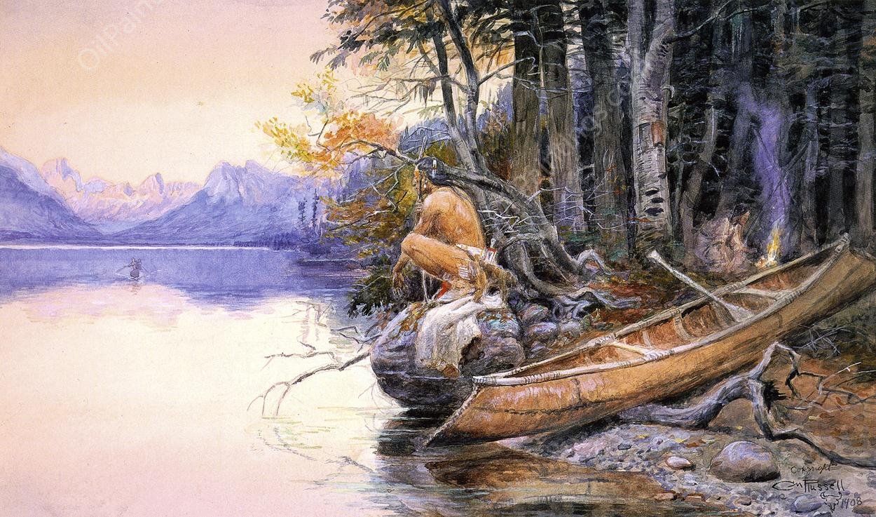 Indian Camp - Lake McDonald by Charles Marion Russell - Hand-Painted Oil Painting Reproduction